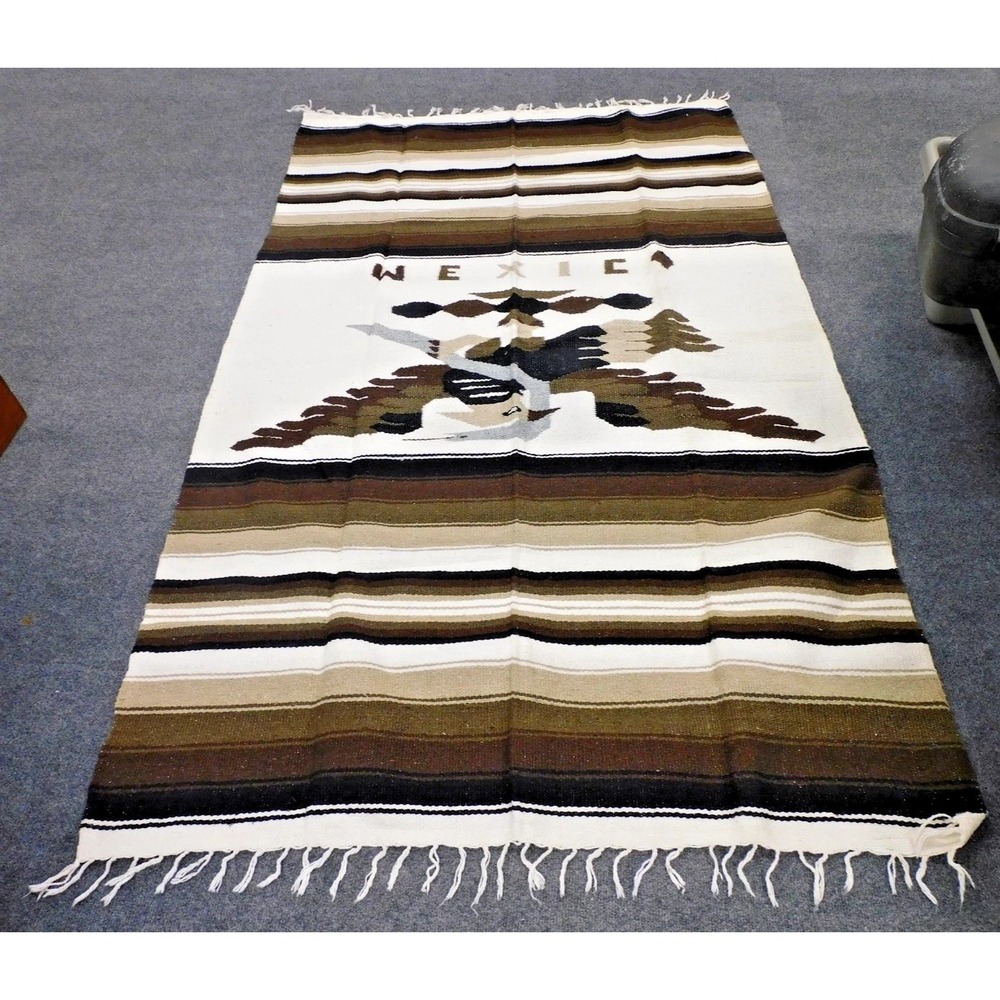 VTG Mexican Serape Blanket Eagle Snake Neutral EarthTones Fringed Rug Throw DH64